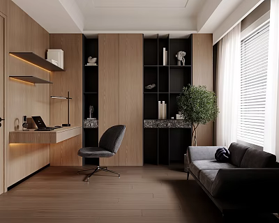 Modern Home Office Interior With Wooden Desk Black Bookshelf Green Plant And Window Blinds 3d model