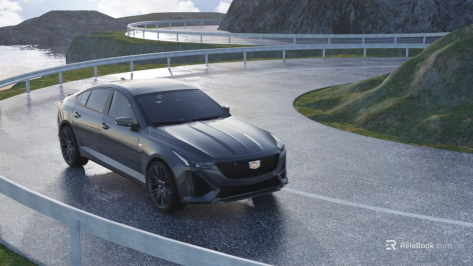 Black Luxury Sedan On Scenic Winding Mountain Road With Asphalt Pavement And Guardrail 3d model 