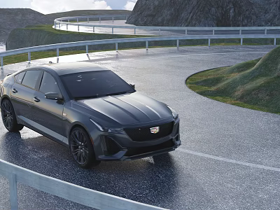 Black Luxury Sedan On Scenic Winding Mountain Road With Asphalt Pavement And Guardrail 3d model