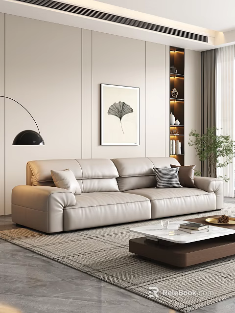 Modern Beige Leather Sofa Coffee Table Set with Cushions Wall Art and Green Plant 3d model 