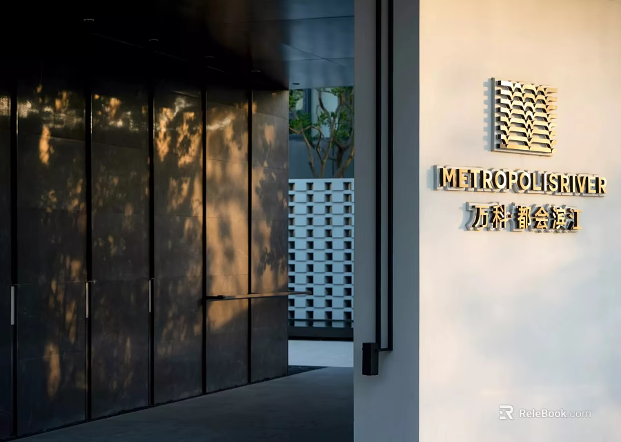 Modern Entrance Gate With Metal Panels Geometric Logo And Shadow Patterns 3d model 