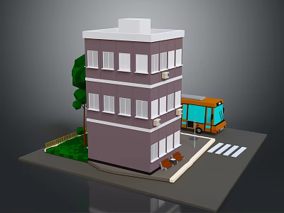Modern Urban Scene With Multi Story Building Bus Tree And Bench 3d model