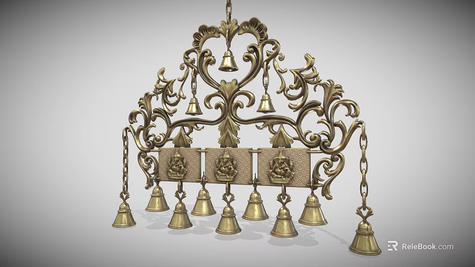 Ornate Brass Chandelier With Intricate Carvings And Bell Decorations 3d model 