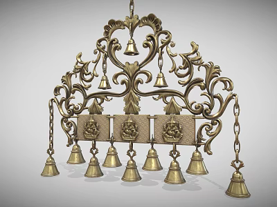 Ornate Brass Chandelier With Intricate Carvings And Bell Decorations 3d model