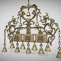 Ornate Brass Chandelier With Intricate Carvings And Bell Decorations