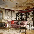Luxury Home Decor Store Interior With Purple Velvet Sofa Crystal Chandelier Coffee Table And Decorative Shelves