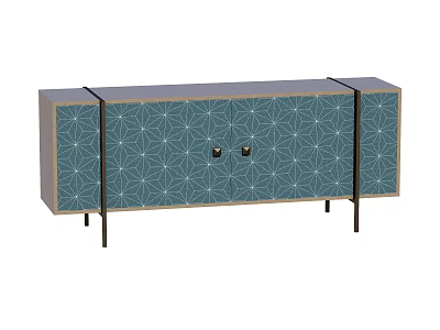 Blue TV Stand With Geometric Pattern Gold Handles And Black Legs Modern Design 3d model
