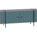 Blue TV Stand With Geometric Pattern Gold Handles And Black Legs Modern Design