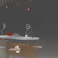 Elegant Modern Display Cabinet Design With Marble Countertop Metal Frame And Hanging Lights