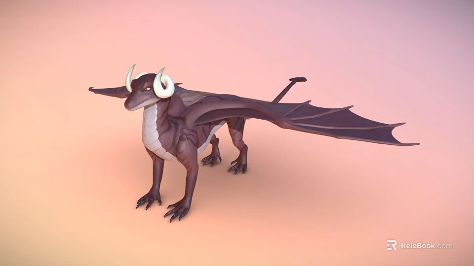 Standing Mythical Flying Animal Dragon With Horned Head Winged Dark Brown White Body 3d model 