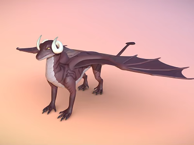 Standing Mythical Flying Animal Dragon With Horned Head Winged Dark Brown White Body 3d model