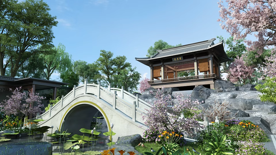 Chinese Garden Landscape Featuring Traditional Pavilion Arch Bridge Cherry Blossoms And Lotus Pond 3d model 