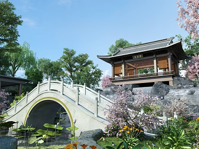 Chinese Garden Landscape Featuring Traditional Pavilion Arch Bridge Cherry Blossoms And Lotus Pond 3d model