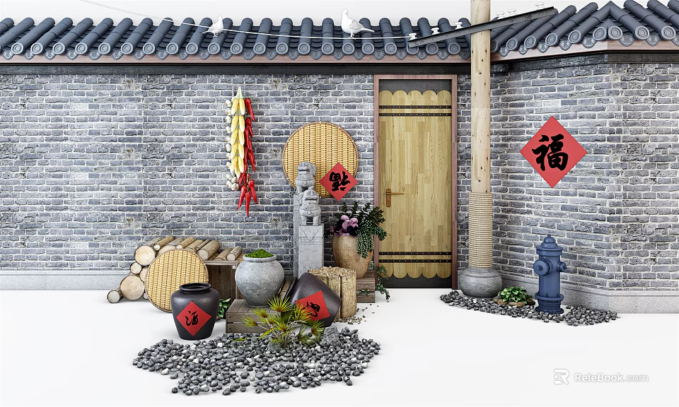 Chinese Style Garden Ornaments with Gray Tile Roof Brick Wall and Fu Character Decor 3d model 