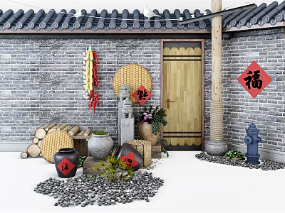 Chinese Style Garden Ornaments with Gray Tile Roof Brick Wall and Fu Character Decor 3d model