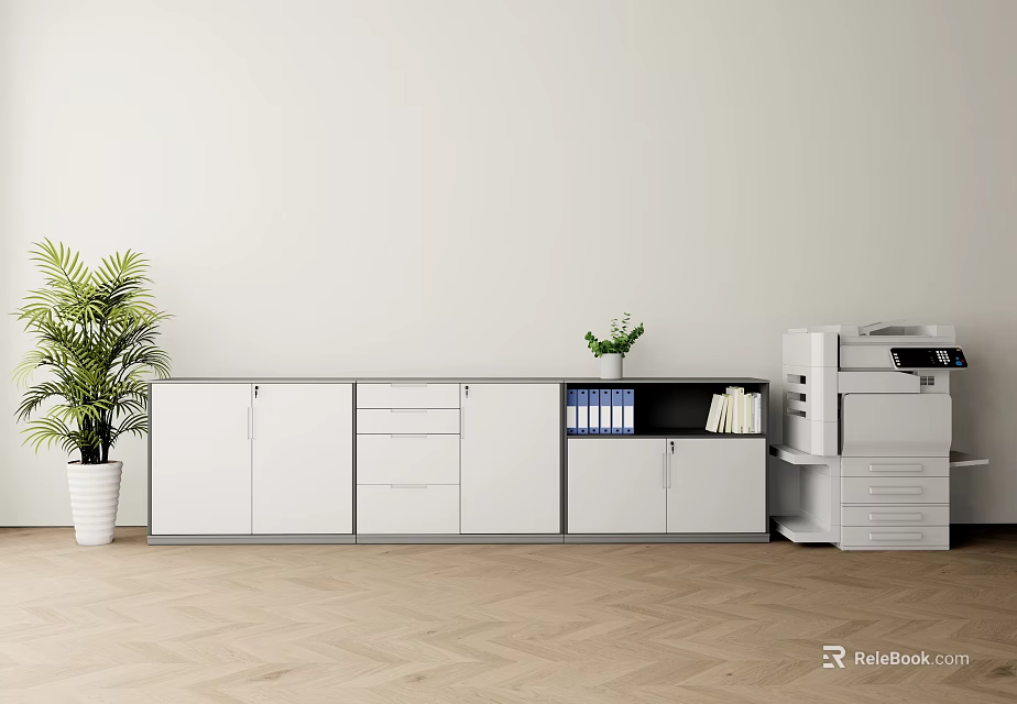 Modern Office Storage Cabinet With Filing Drawers Printer And Green Plant 3d model 