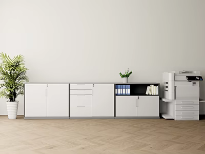 Modern Office Storage Cabinet With Filing Drawers Printer And Green Plant 3d model