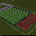 Football Field With Green Turf Adjacent Red Basketball Courts Surrounding Trees Fencing And Building
