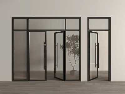Modern Black Frame Glass Double Doors Interior Design With Potted Plant And Wooden Floor 3d model