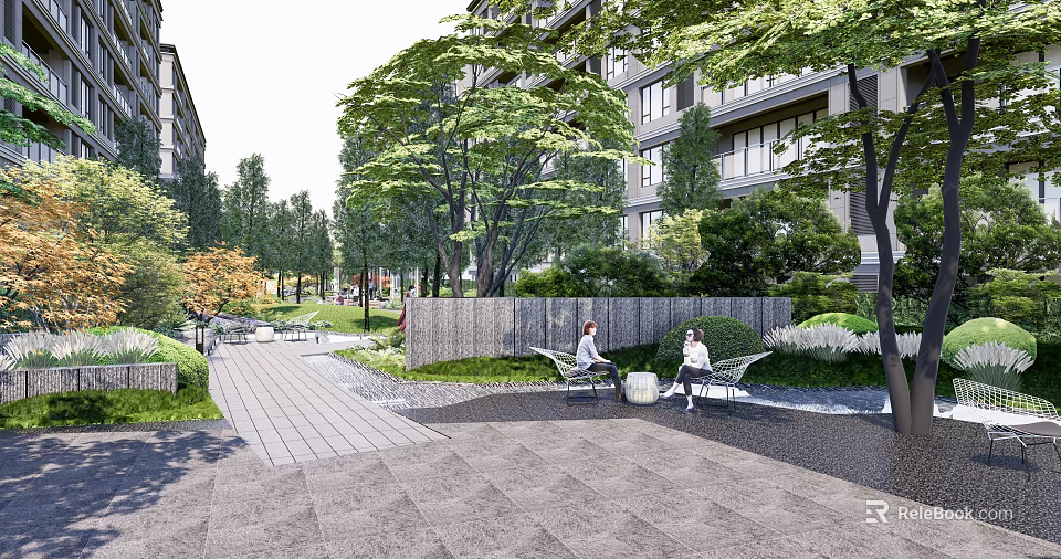 Modern Landscape Walls in Community Park With Seating Area Trees And Pathway 3d model 