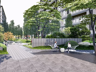 Modern Landscape Walls in Community Park With Seating Area Trees And Pathway 3d model