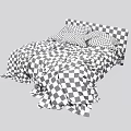 Cozy Double Bed With Gray Striped Bedding Messy Comforter And Soft Pillows 3d model
