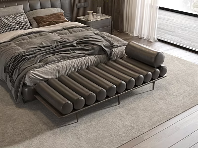 Modern Bedroom With Gray Bed And Bench Featuring Cylindrical Cushions On Rug 3d model
