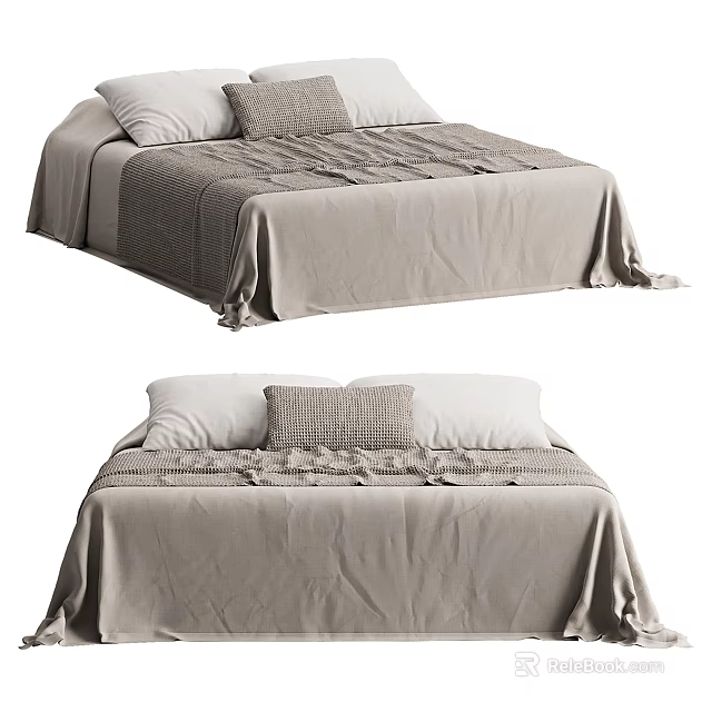 Cozy Neutral Toned Double Bed With Soft Linen Bedding Plush Pillows And Knitted Throw 3d model 
