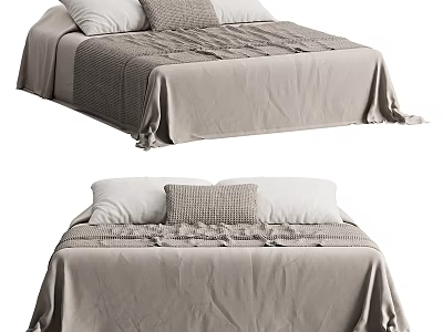 Cozy Neutral Toned Double Bed With Soft Linen Bedding Plush Pillows And Knitted Throw 3d model