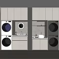 Modern White Bathroom Cabinetry With Washer Dryer Sink Mirror And Storage Shelf