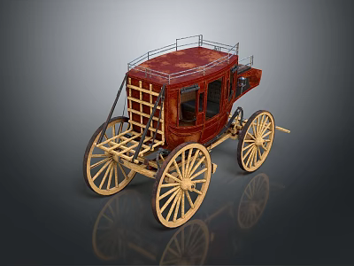 Vintage Horse Carriage With Red Body Golden Wheels And Roof Railings 3d model