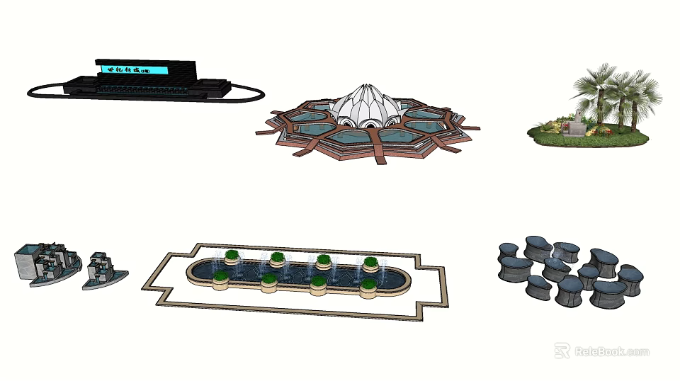 Outdoor Fountain Design Featuring Octagonal Shape Green Decorations And Stone Chairs 3d model 