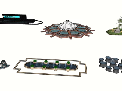Outdoor Fountain Design Featuring Octagonal Shape Green Decorations And Stone Chairs 3d model