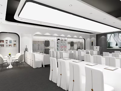 Modern Conference Room Interior With White Tables Chairs And Display Area 3d model