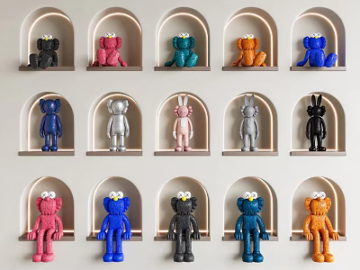 Colorful Collectible Art Dolls On Arch Display Shelves 3d model