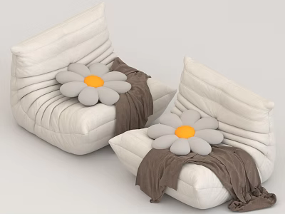 Cozy White Bean Bag Chairs With Daisy Shaped Cushions And Brown Blankets 3d model
