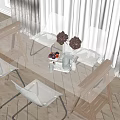 Transparent Glass Dining Table Set With Wooden Legs Clear Chairs And Decorative Vase Fruits