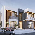 Modern Two Story Detached Villa White Exterior Black Frames Glass Balcony Palm Trees Red Car