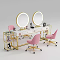 Elegant Dressing Table With Gold Frame White Countertop Round Mirrors And Pink Chair