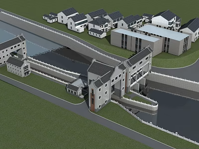 Traditional And Modern Architectural Complex With Waterway Bridge Greenery Roads And Scenic View 3d model