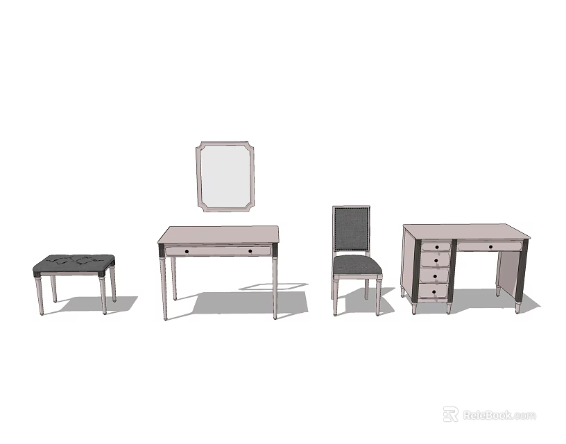 Modern Dressing Table Set With Mirror Chair Stool And Drawers Design 3d model