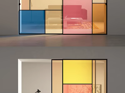 Sliding Doors With Colored Glass Panels In Modern Interior Space Design 3d model