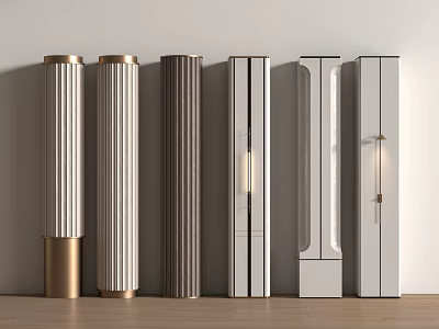 Decorative Columns With Gold Brown White Textures And Light Fixtures Against White Wall Wooden Floor 3d model