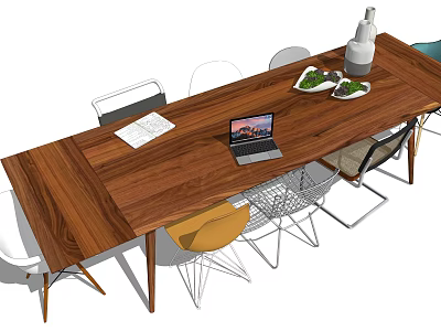 Wooden Conference Table With Laptop Food Plates Vase And Mixed Style Chairs 3d model