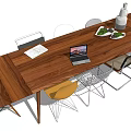 Wooden Conference Table With Laptop Food Plates Vase And Mixed Style Chairs