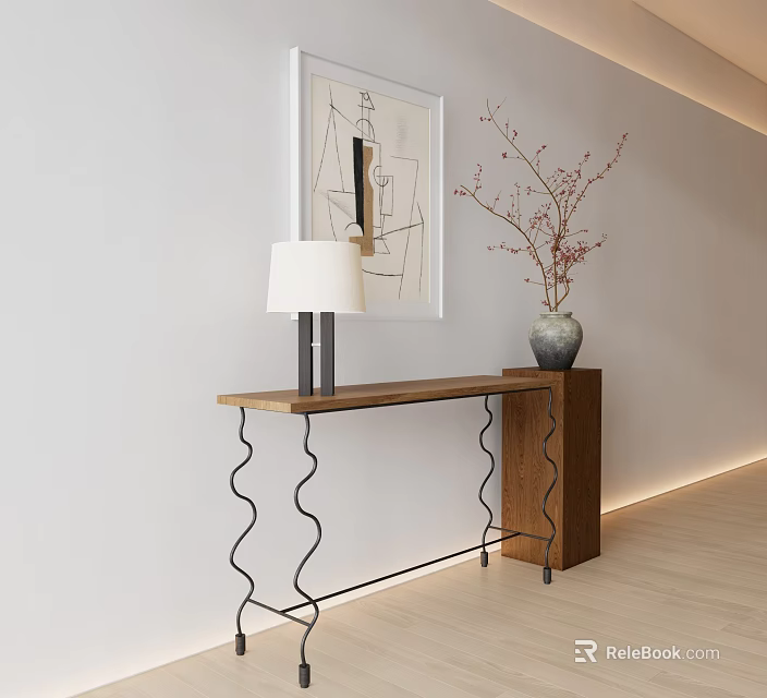 Modern Wooden Console Table with Black Metal Legs Lamp Vase Branches and Abstract Painting 3d model 