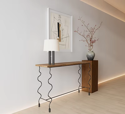 Modern Wooden Console Table with Black Metal Legs Lamp Vase Branches and Abstract Painting 3d model