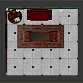 Vintage Living Room Interior With Green Walls Round Window Red Sofa Area Rug Coffee Table And Portrait