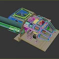 3D Architectural Model Featuring Modern Structural Design Transparent Panels And Blue Beige Components