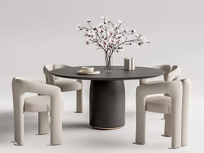 Modern Round Black Dining Table Set With Four Beige Chairs And Floral Vase 3d model